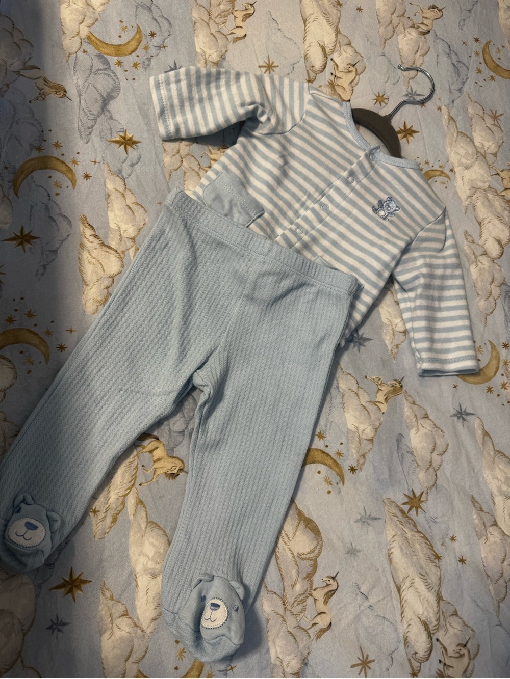 Little Me Light Blue Striped Top with Ribbed Blue Footed Pants